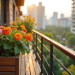 Balcon urbain avec jardiniere en bois et fleurs en pleine floraison