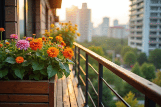 Balcon urbain avec jardiniere en bois et fleurs en pleine floraison