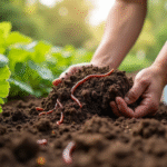Mains de jardinier soulevant la terre riche dans un jardin luxuriant