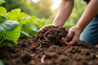 Mains de jardinier soulevant la terre riche dans un jardin luxuriant