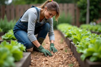 Femme en tenue de jardinage appliquant des copeaux de bois aux légumes verts