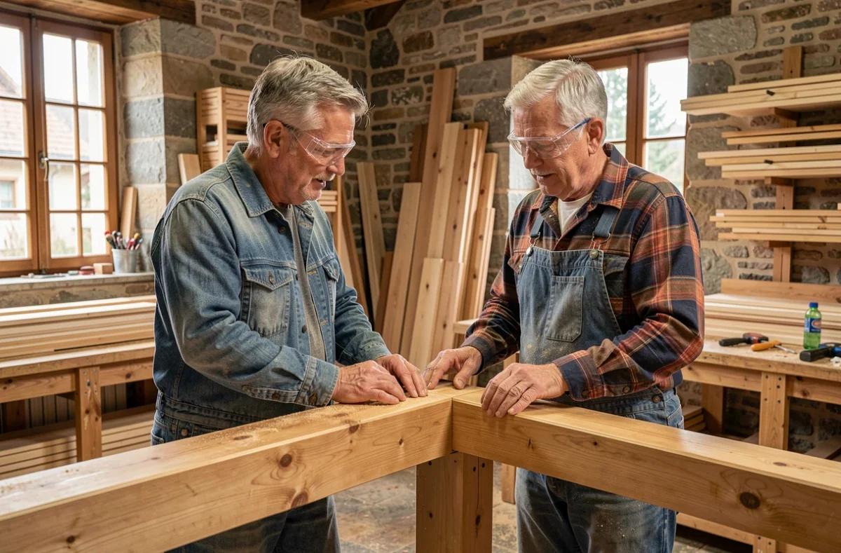 Père et fils menuisiers travaillant ensemble sur une charpente en bois dans l'atelier familial Jean-Michel Mura et Fils à Fellering