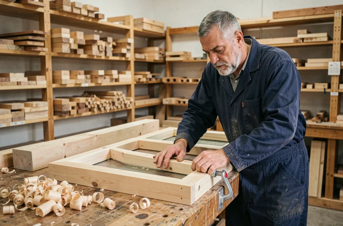 Artisan de Jean-Paul Wanner Sarl assemblant un châssis de fenêtre en bois sur un établi dans son atelier de menuiserie