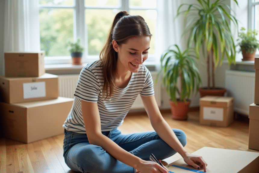 Jeune femme en t-shirt rayé emballant des cartons dans un salon lumineux