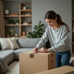 Jeune femme emballant une boîte en carton dans un appartement