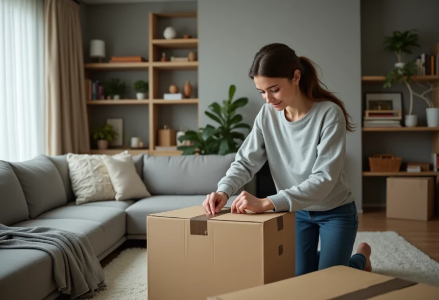 Jeune femme emballant une boîte en carton dans un appartement
