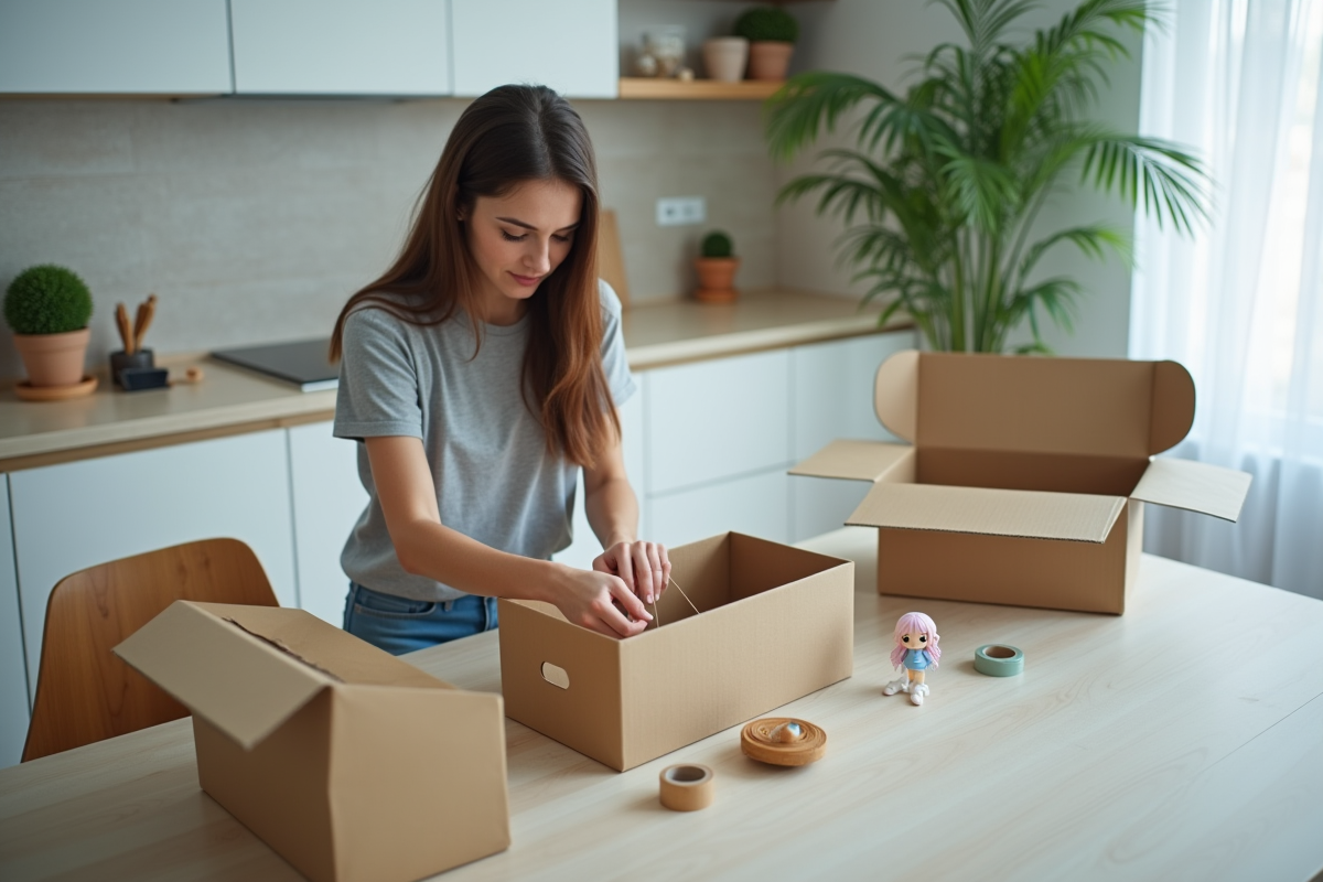Jeune femme emballant une figurine dans une boîte en carton