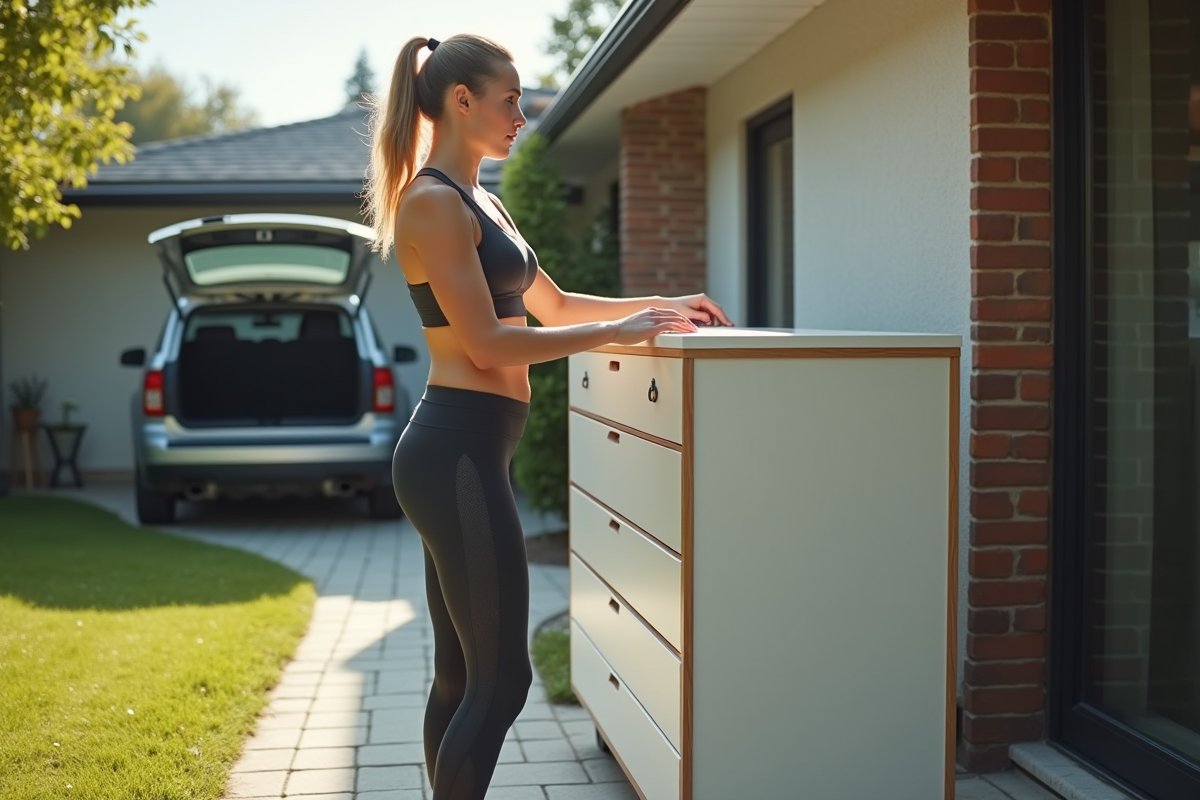 Une jeune femme utilisant des sangles pour soulever un meuble devant une maison