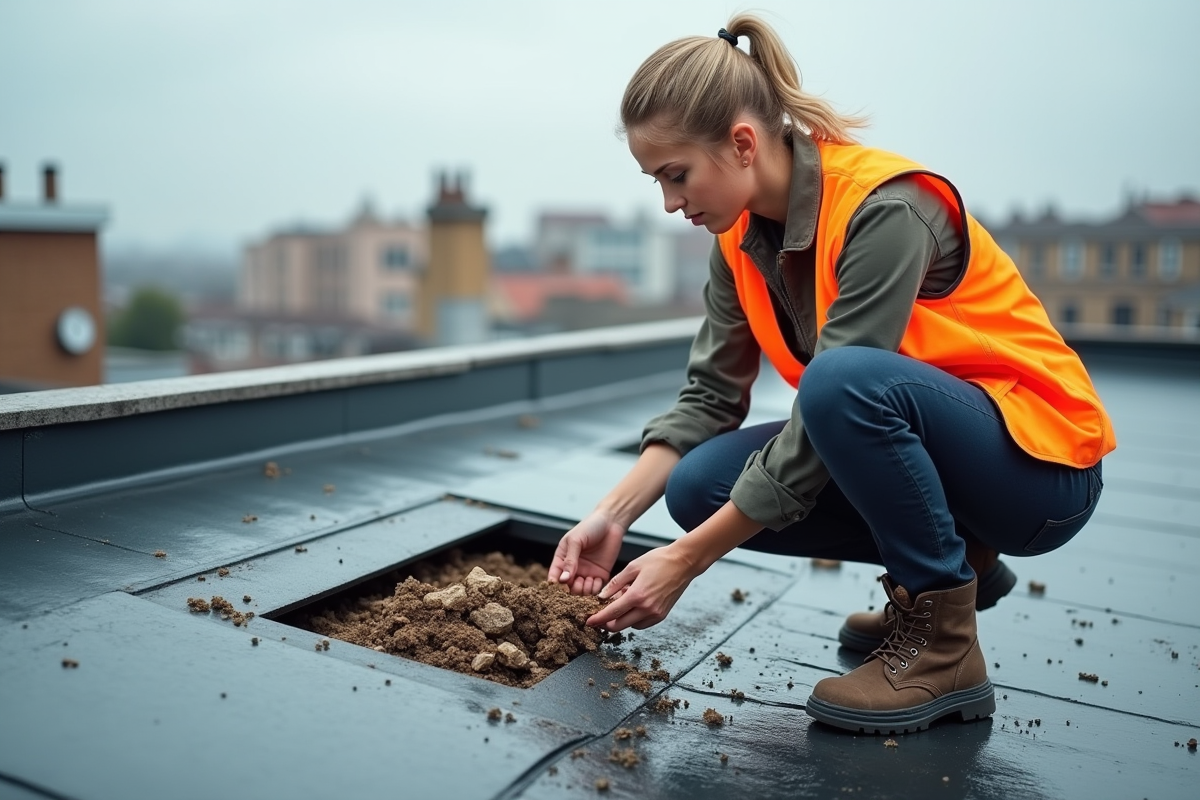 Jeune femme couvreuse nettoyant une sortie de drainage sur un toit plat