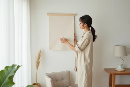 Jeune femme en robe beige appliquant du papier peint blanc