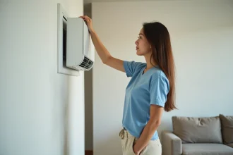 Jeune femme ajustant la climatisation dans un salon moderne