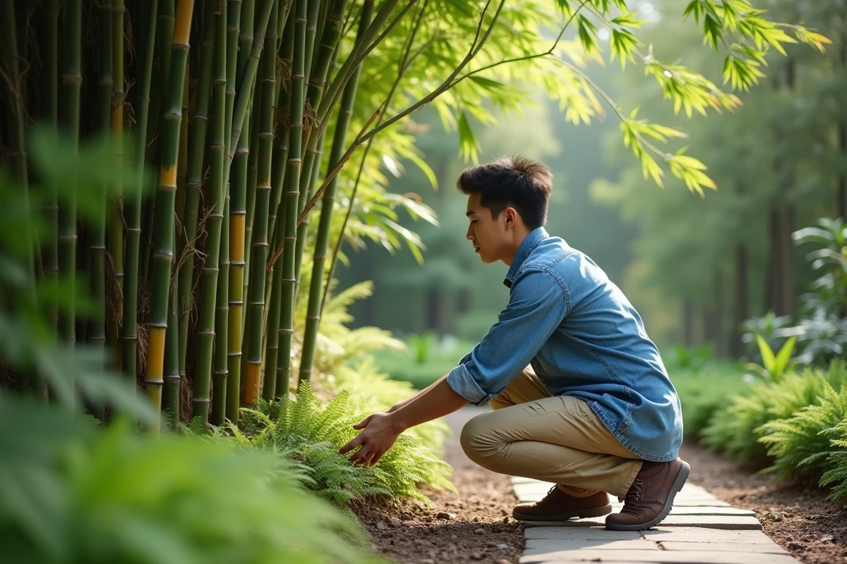 Jeune homme observant un bambou dans un jardin botanique