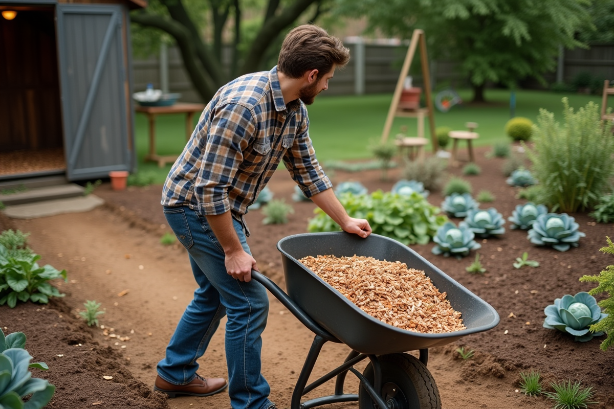 Jeune homme remplissant une brouette de copeaux de bois dans le jardin