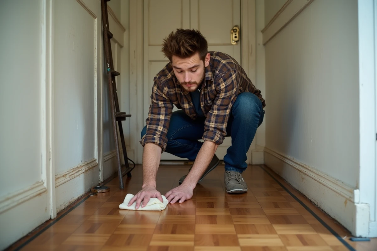 Jeune homme appliquant de la cire sur un vieux parquet