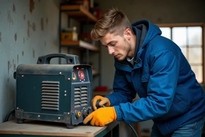 Jeune homme en bleu préparant un fil de soudure dans un garage