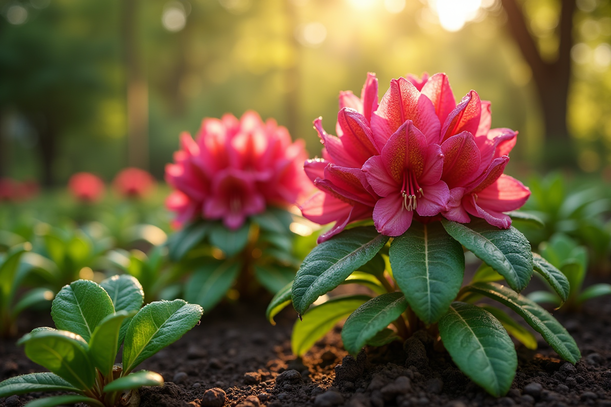 Rhododendron sain planté dans un massif avec lumière du matin