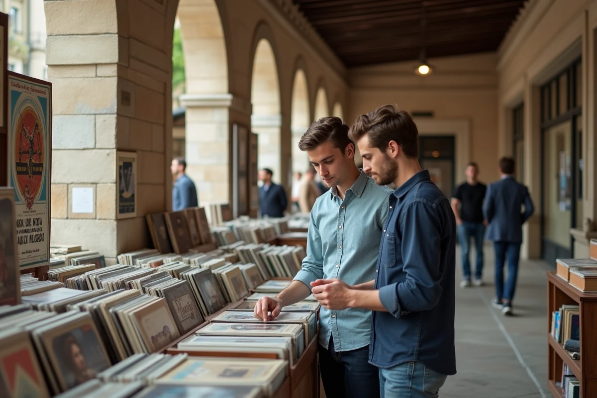 Deux jeunes hommes discutant de vinyles dans une brocante