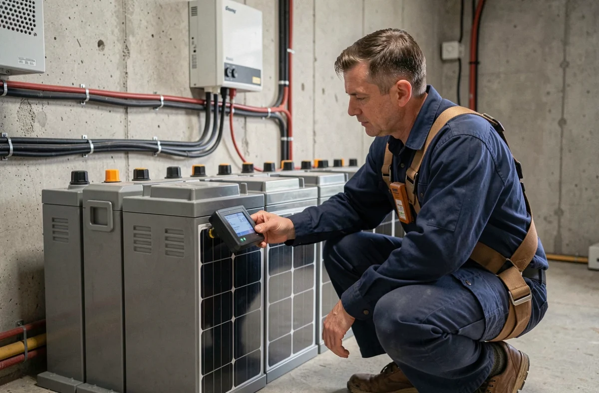 Technicien installant des batteries lithium pour un système solaire autonome de 10000W dans une salle technique