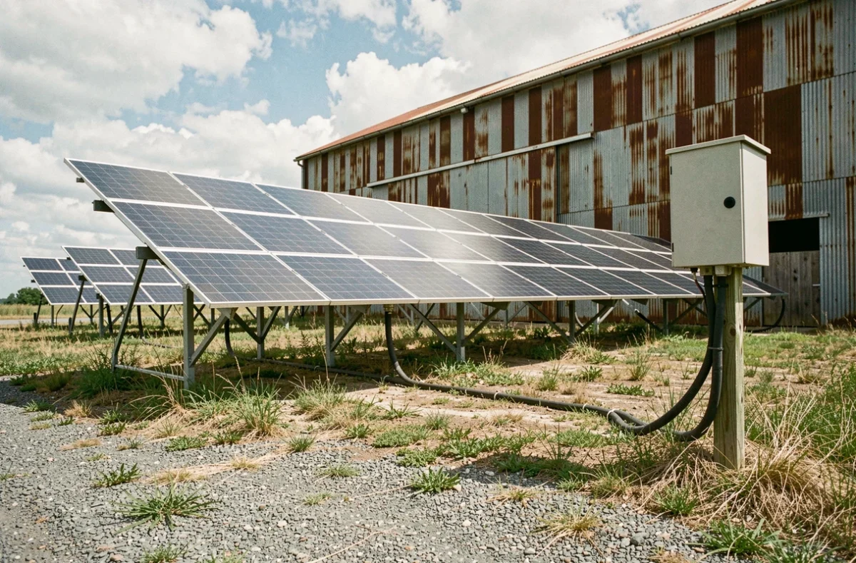 Système solaire autonome 10000W avec panneaux au sol installés près d'une grange agricole en milieu rural