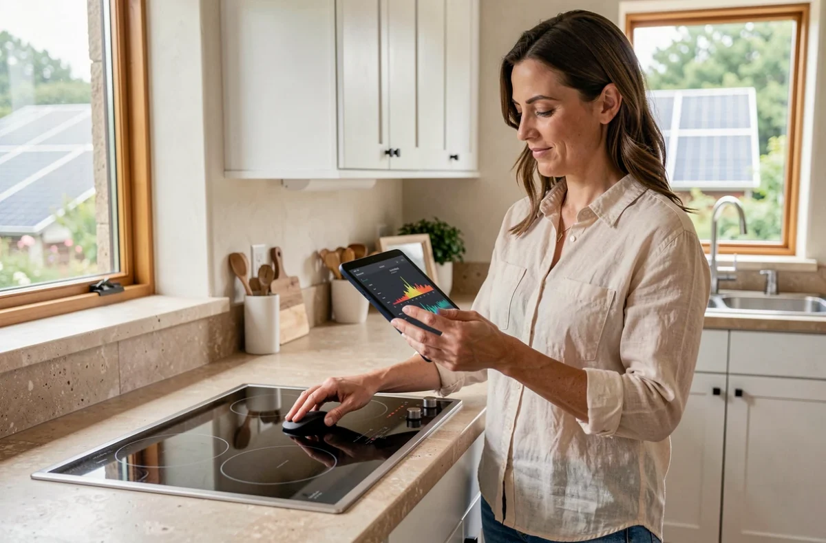 Femme utilisant des appareils électriques dans une cuisine autonome alimentée par un kit solaire de 10000W