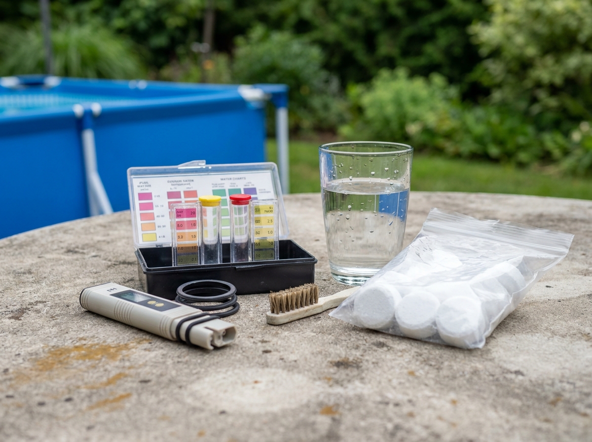 Kit de traitement de l'eau pour piscine hors sol avec testeur de pH, chlore et brosse de nettoyage sur table de patio