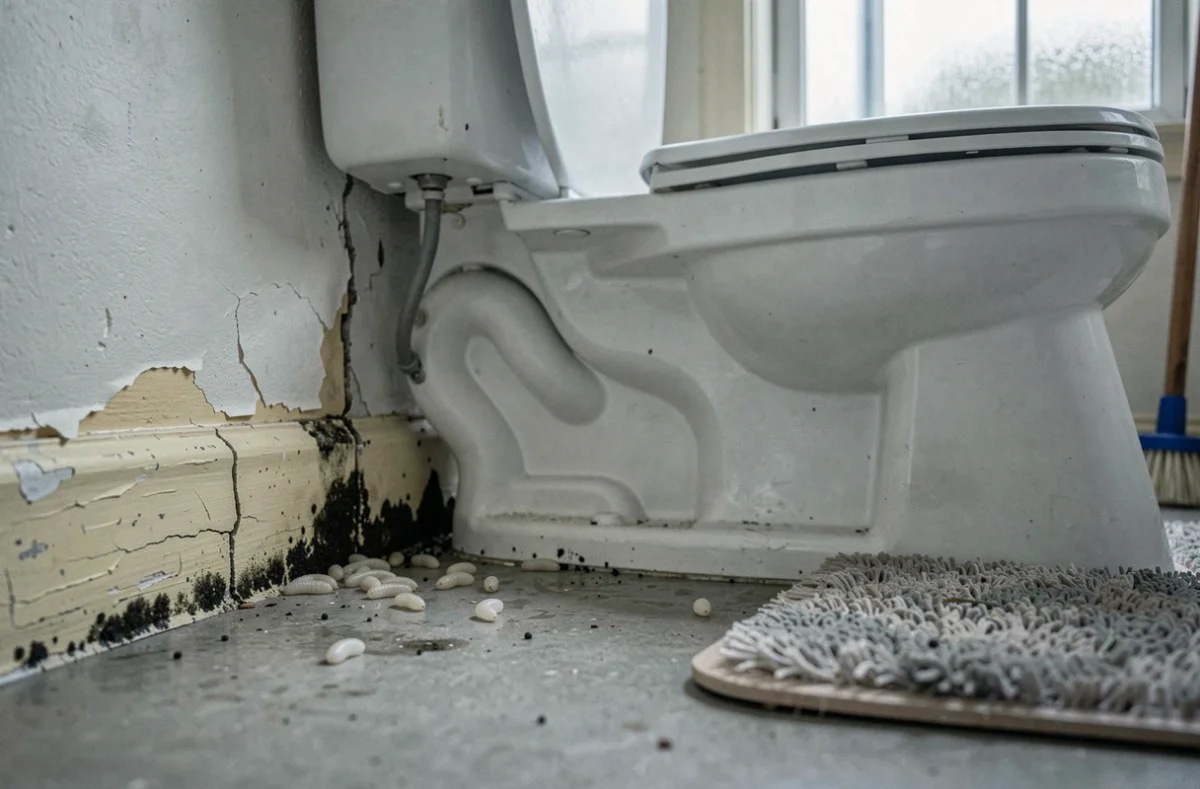 Coin salle de bain négligé avec larves de mouche près de la plinthe humide et moisissures