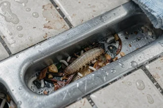 Larves de mouche visibles près d'un siphon de cuisine encrassé avec résidus alimentaires