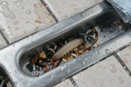 Larves de mouche visibles près d'un siphon de cuisine encrassé avec résidus alimentaires
