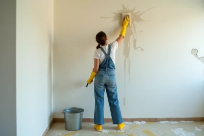 Femme en salopette lessivant un mur blanc avant peinture avec une éponge et de l'eau savonneuse