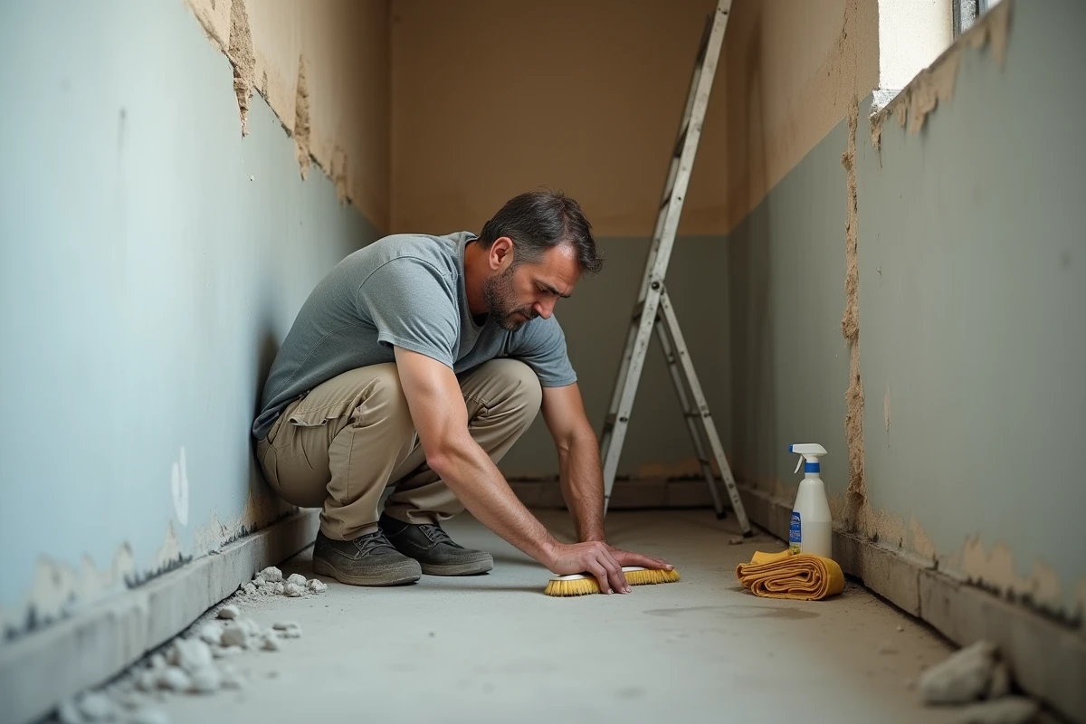 Homme accroupi en train de récurer la base d'un mur de couloir avant application de peinture