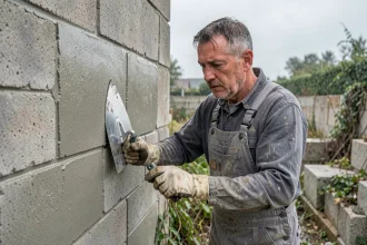 Maçon appliquant un enduit sur des parpaings en conditions humides sur un chantier extérieur