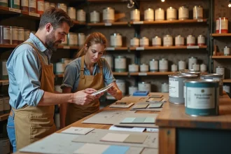 Intérieur d'un magasin de peinture spécialisé en rénovation d'appartement ancien avec un conseiller et une cliente examinant des échantillons de couleur devant des rayonnages de produits patrimoniaux