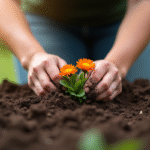 Mains de jardinier plantant deux fleurs colorées en V