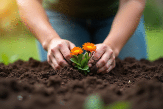 Mains de jardinier plantant deux fleurs colorées en V