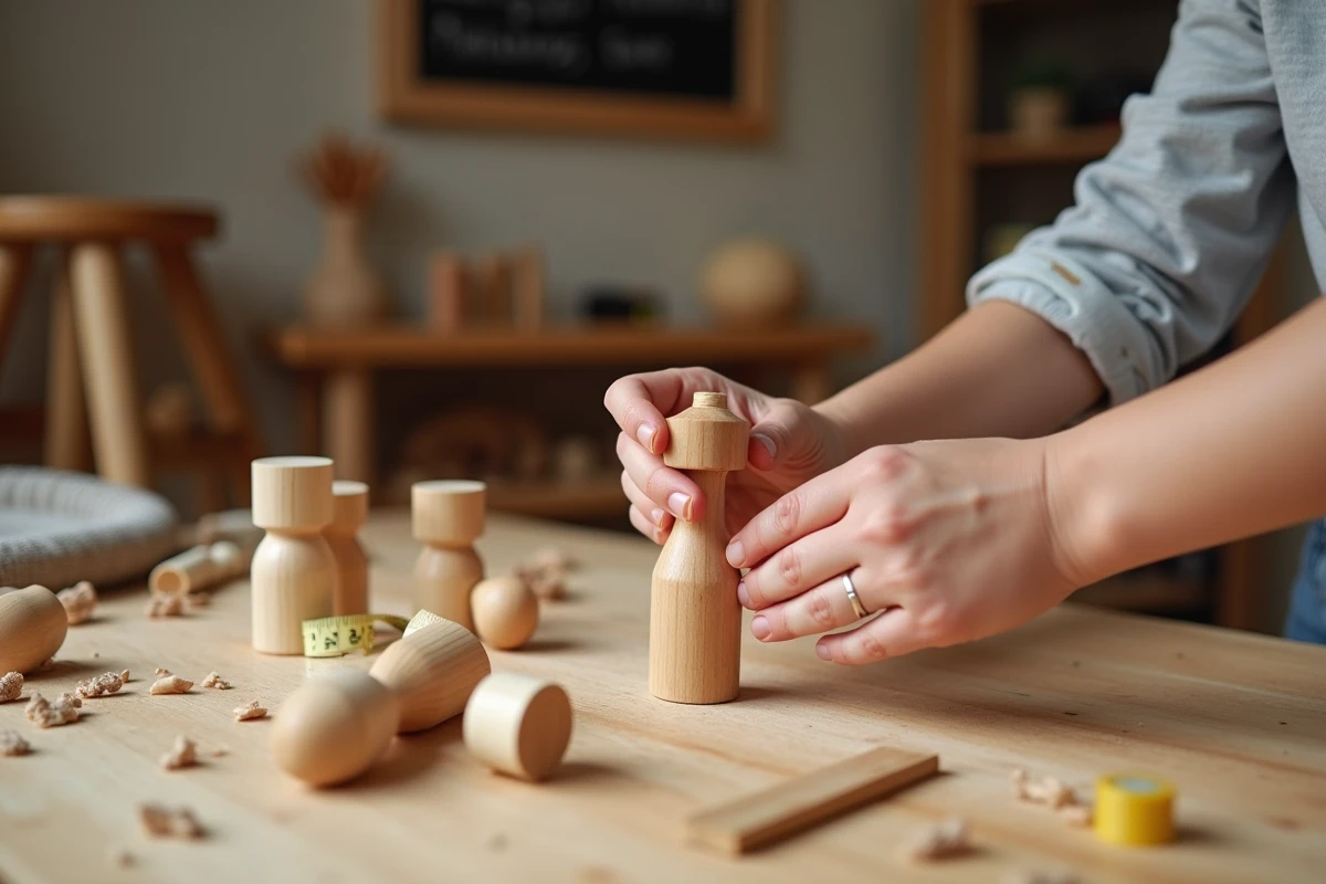 Mains d'un parent guidant un enfant dans l'utilisation d'un marteau sur un atelier de jeu en bois à la maison
