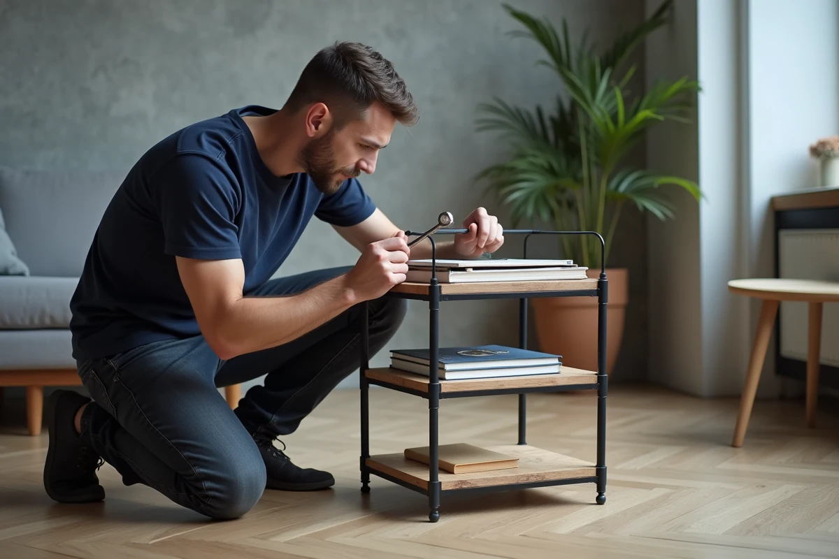 Homme effectuant la maintenance d'un book stacker métallique en resserrant les vis dans un appartement moderne