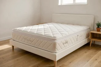 Matelas Simmons Lotus sur un lit bien fait dans une chambre scandinave moderne avec parquet en chêne clair
