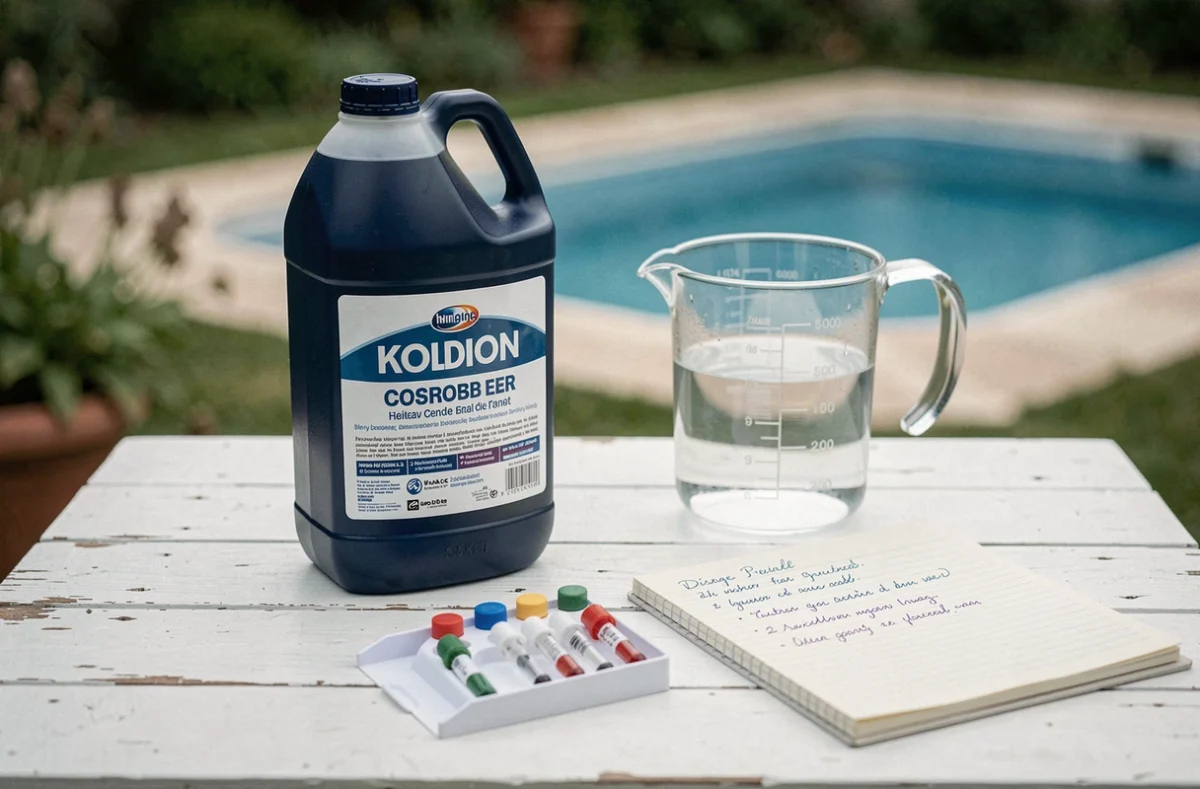 Matériel de dosage d'eau de javel posé sur une table de jardin pour le traitement d'une piscine