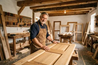 Artisan menuisier alsacien dans un atelier traditionnel du Haut-Rhin, entouré de bois bruts et d'outils de menuiserie