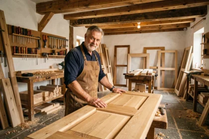 Artisan menuisier alsacien dans un atelier traditionnel du Haut-Rhin, entouré de bois bruts et d'outils de menuiserie