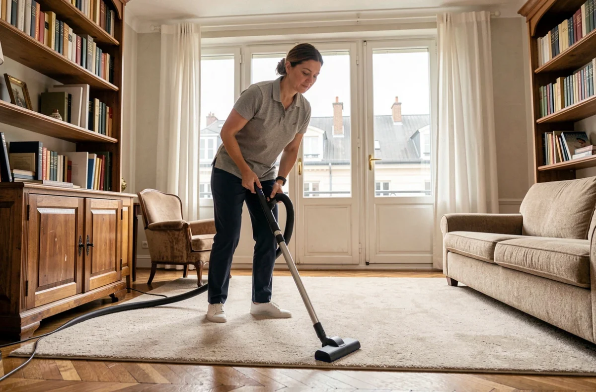 Employée de maison passant l'aspirateur dans un appartement alsacien à Saint-Louis