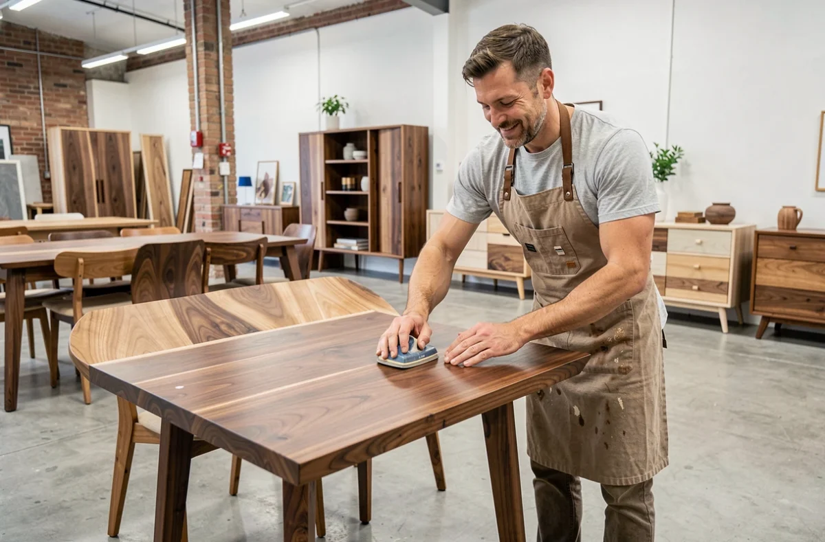 Ébéniste de Menuiserie Meubles Stephan ponçant une table en noyer massif dans un espace atelier-showroom de menuiserie