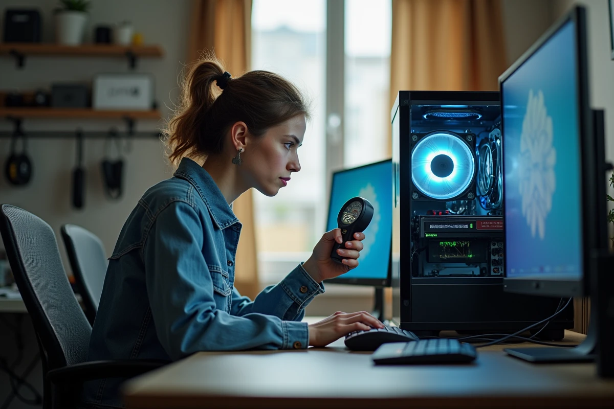 Femme mesurant le débit d'air d'un boitier aquarium PC avec un anémomètre dans un bureau moderne