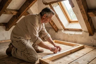 Technicien mesurant l'encadrement d'une ancienne fenêtre de toit Velux 55x78 dans un grenier avec des poutres apparentes