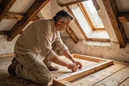 Technicien mesurant l'encadrement d'une ancienne fenêtre de toit Velux 55x78 dans un grenier avec des poutres apparentes