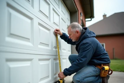 Artisan mesurant la largeur d'une porte de garage sectionnelle blanche avec un mètre ruban, devant une maison en brique rouge