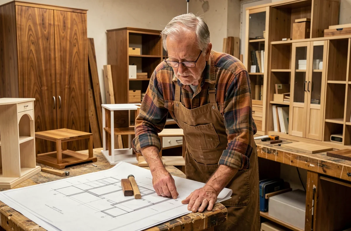 Artisan de Meubles Menuiserie Boeglin étudiant des plans de conception d'armoires et meubles sur mesure dans son atelier familial