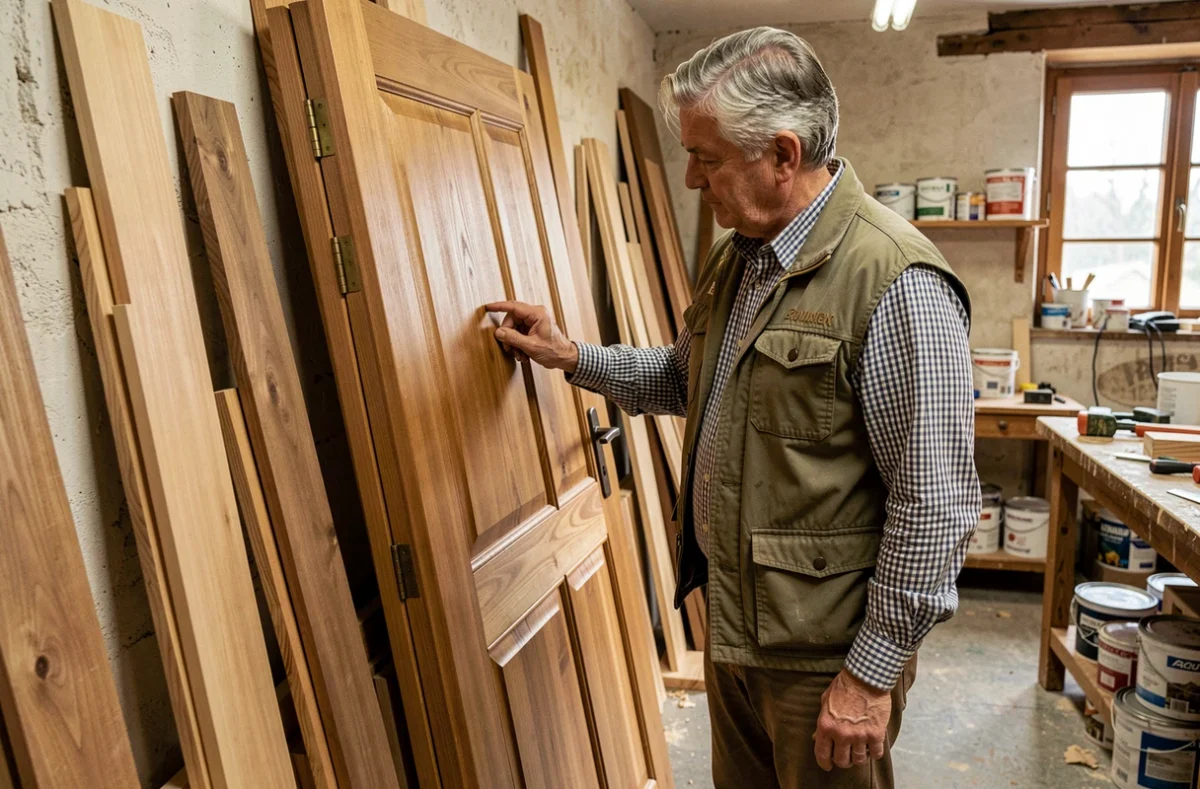 Menuisier de Meyer Sarl inspectant la finition d'une porte intérieure en bois sur mesure dans un atelier alsacien