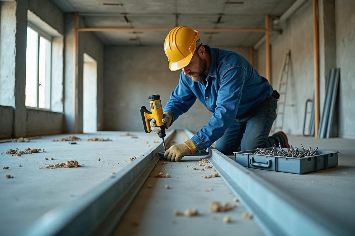 Professionnel en train de monter une ossature métallique classique avec des rails et des montants en acier galvanisé dans un appartement en chantier