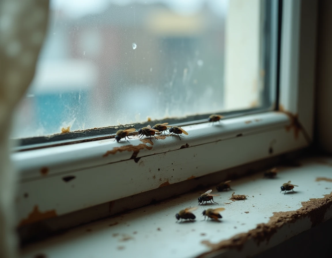 Mouches posées sur un rebord de fenêtre intérieure avec traces d'activité d'un nid de mouches